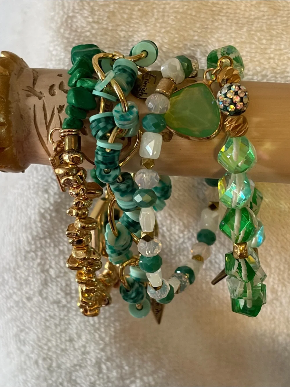 Green Beaded Stretch Bracelet Set with Gold Accents - Green Apple Stack